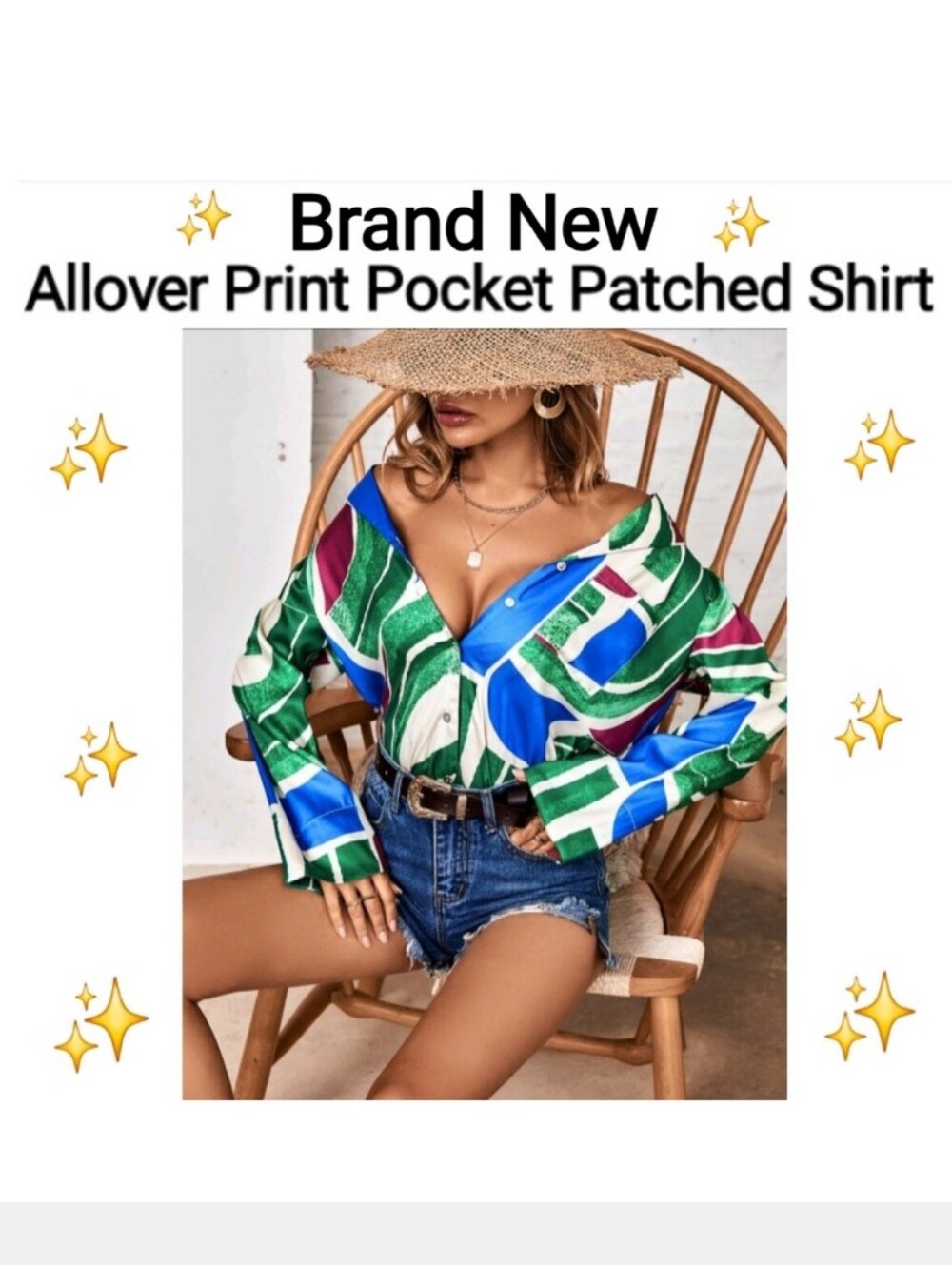 Brand New 💥 Allover Print Green & Blue Pocket Patched Women's Shirt, Size L